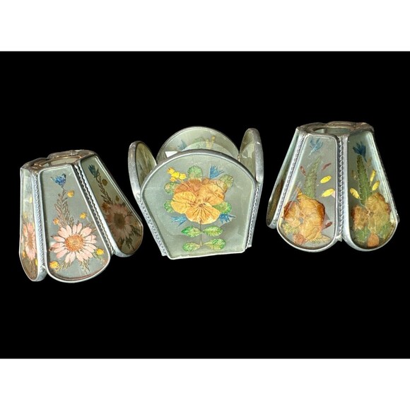 Pressed Flowers In Glass Tea Light Holder Vintage Votive Candle Boho Lot Of 3 - Picture 1 of 16